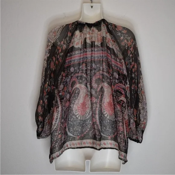 TUCKER Bergdorf Goodman Boho 100% Silk Button Down Sheer Blouse Metallic Size S - Picture 8 of 11